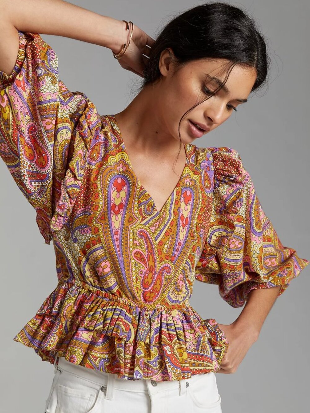 Love The Label Ruffled Abstract Cotton Bohemian Blouse Size Small